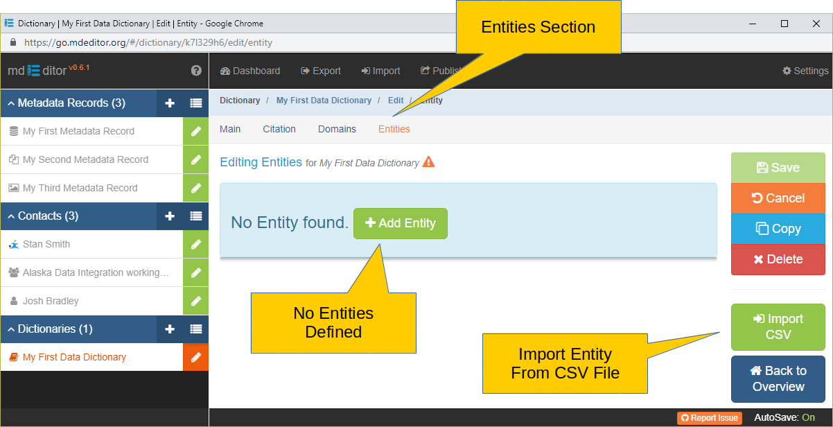 Entity Edit Window with no Entities Defined