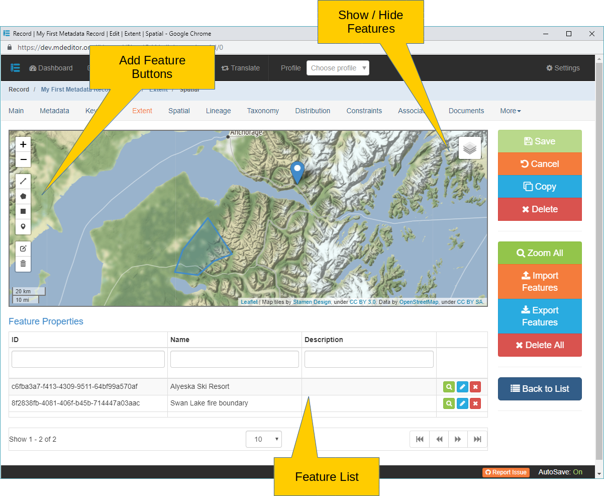 Geographic Extent Features Edit Window