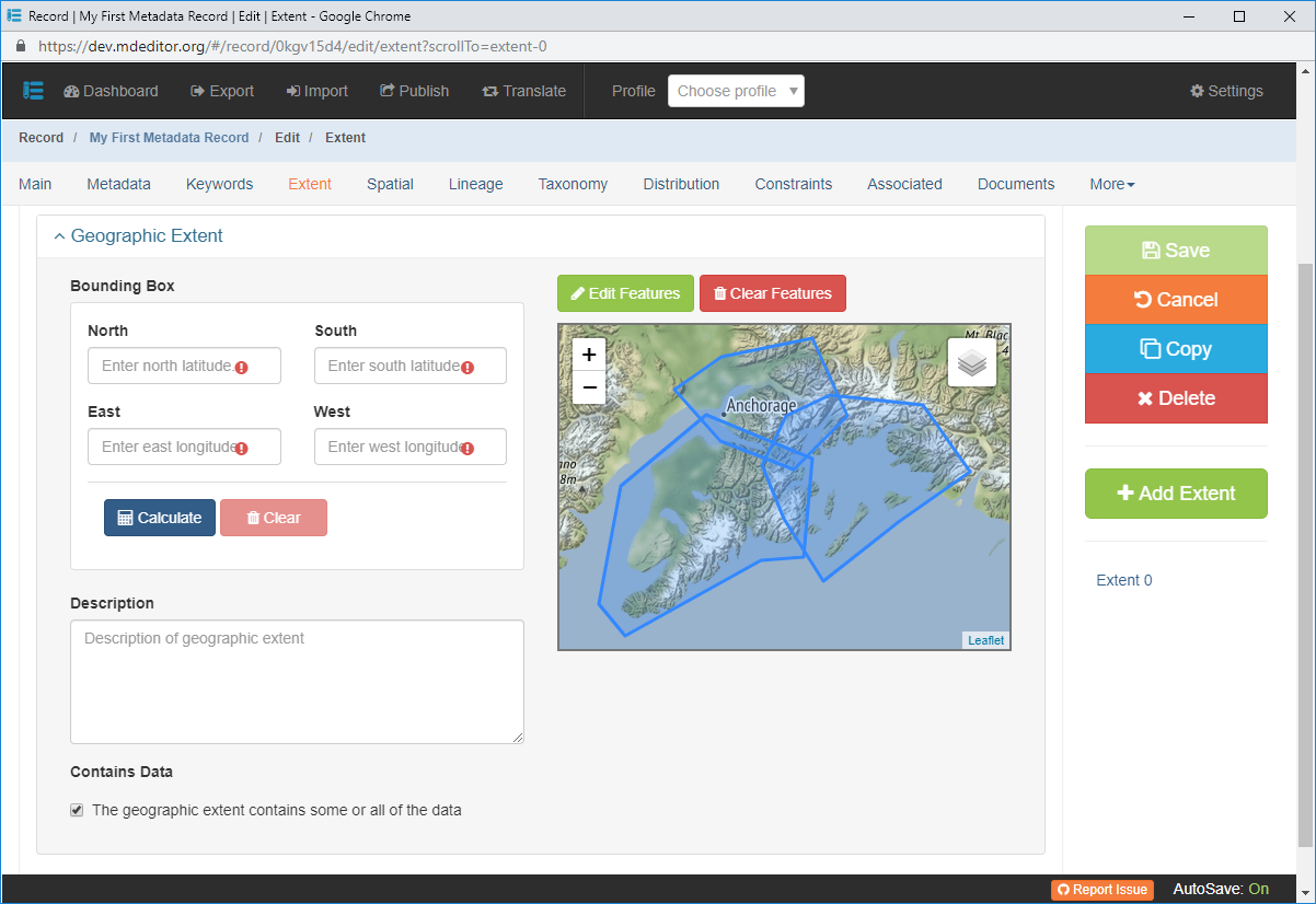 Geographic Extent Edit Window with Features