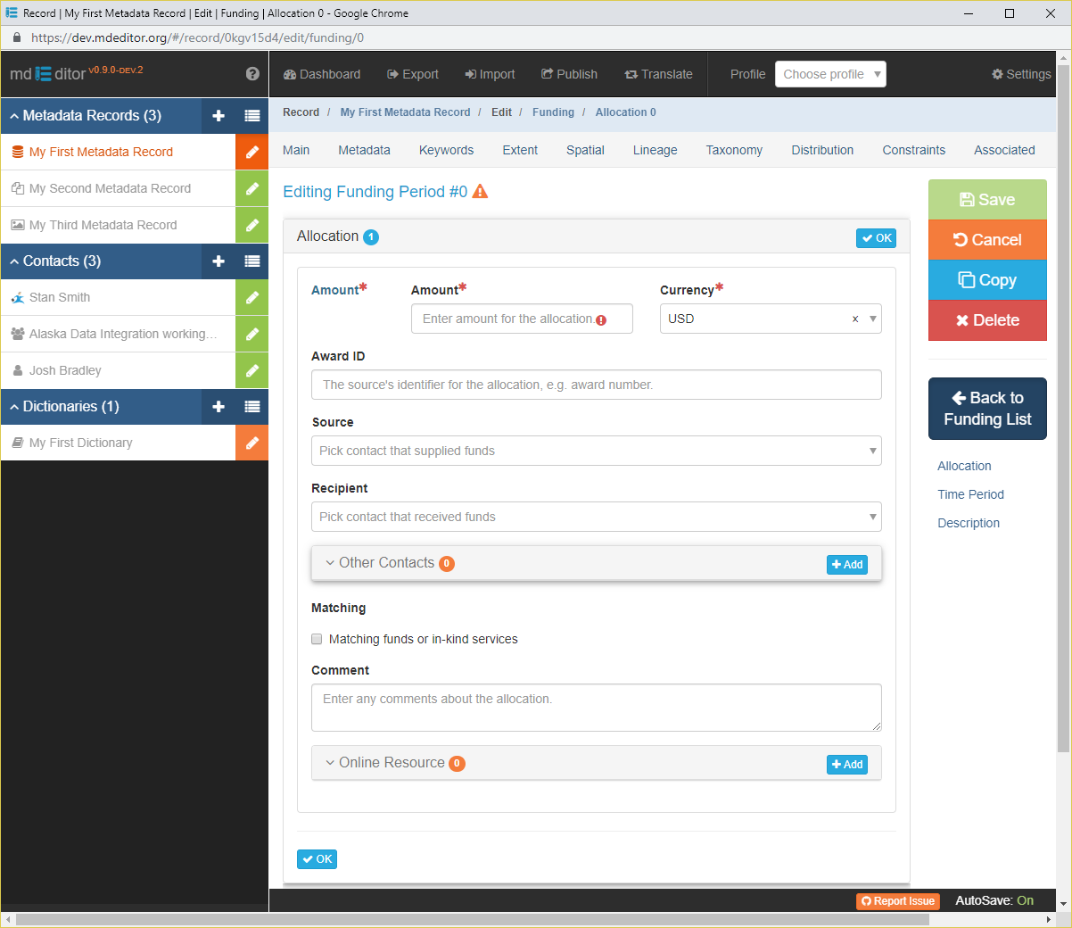 Allocation Edit Window