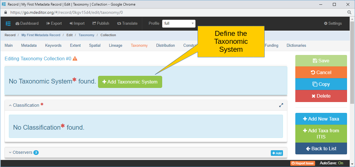 Taxonomy System Panel with no Systems defined