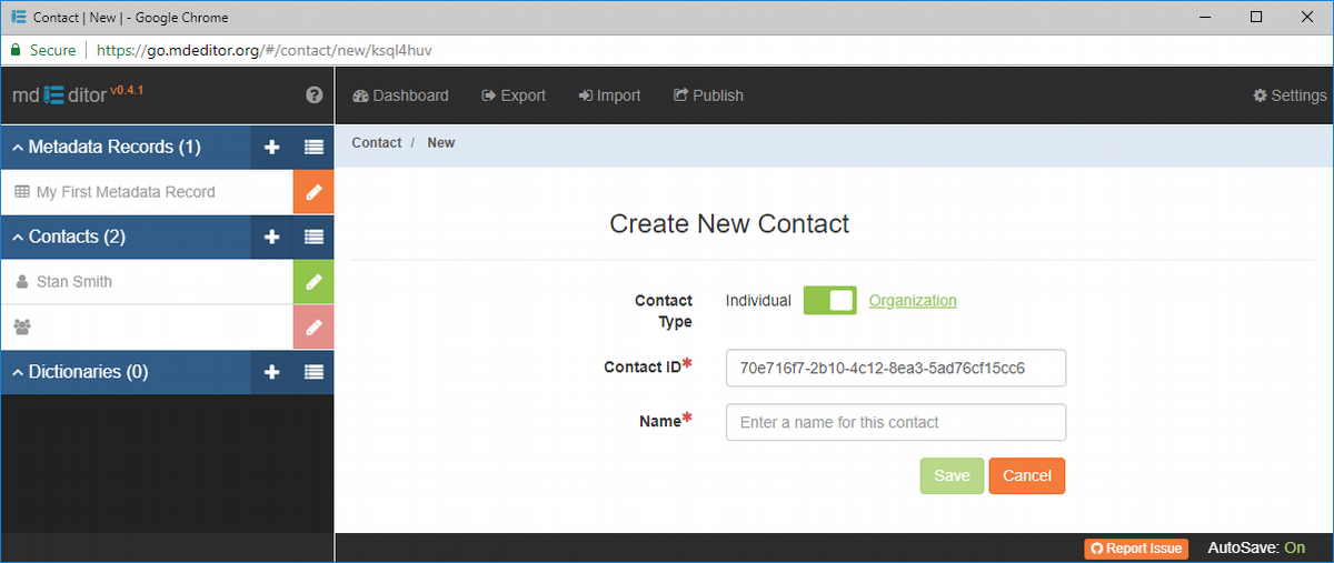 Create New Contact Window