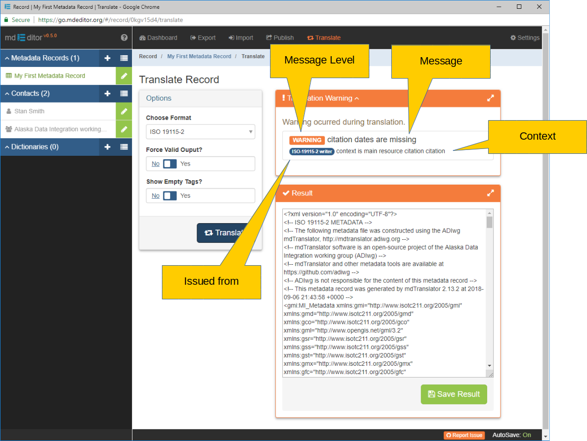 Translate Record Window with Warnings